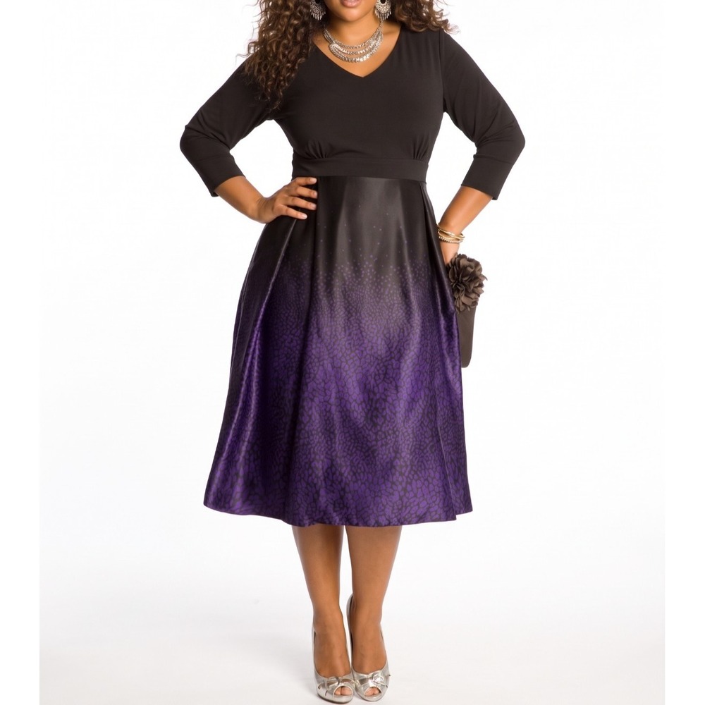 IGIGI Francesca Midi Dress 14 16 Black Violet Ombre Dip Dye Fit Flare Party NYE